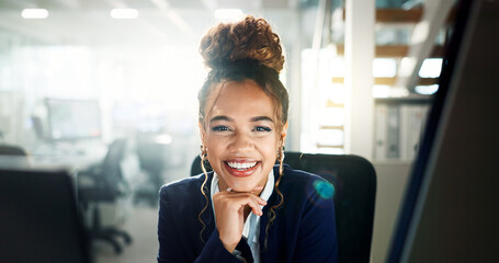 Poster - African woman, portrait and happiness in office at night, working for online newspaper on digital story. Journalist, smile and media company with press coverage, reporter or writer with job pride