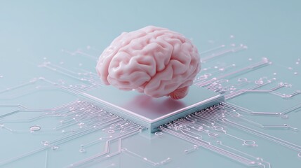 Poster - AI brain chip floating above network grid, minimal vector design, pastel color palette, futuristic but clean, space for text on side, tech UI inspired
