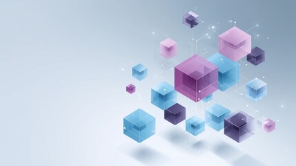 Poster - Floating blockchain cubes connected by glowing dotted lines, minimal vector concept, modern tech colors, space for text