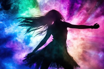 Aufkleber - Silhouette of a dancer in motion against a vibrant colorful background artistic studio shot full body