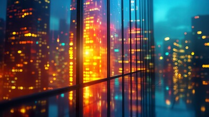 Aufkleber - Reflective high-rise facade with glowing interior lights, cinematic tilt-up shot, tech city atmosphere  