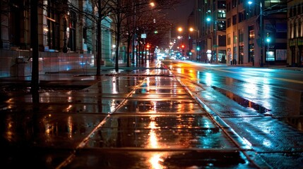 Poster - wet sidewalk under streetlights in downtown at night stock photo --ar 16:9 --raw --v 6 job id: 4cd53
