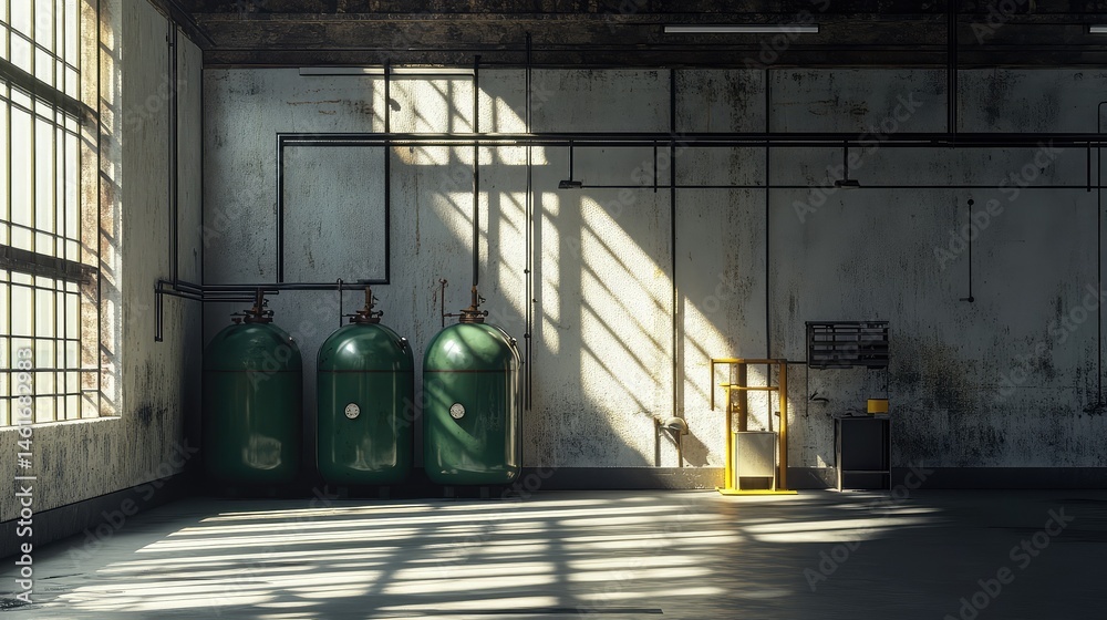 Gas storage room with green tanks under harsh light, shadows forming ...