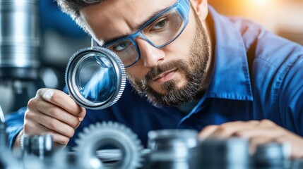 Poster - focused technician analyzing mechanical gears with magnifying glass in industrial workshop environme