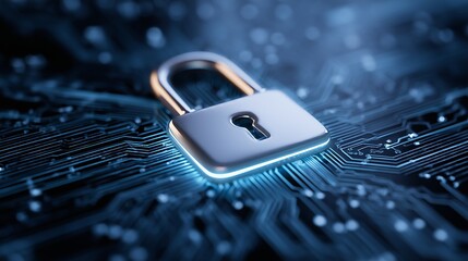 Poster - Minimal padlock icon over circuit board, floating shield style, vector design, blue tones, negative space for copy
