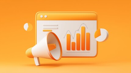 Poster - Minimal vector marketing dashboard with floating graph and megaphone, flat design, clean UI, empty background space for text
