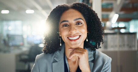 Poster - African woman, night and portrait in office with smile for confidence in suit with overtime at company. Person, employee and happy for career with deadline in dark workplace at insurance agency