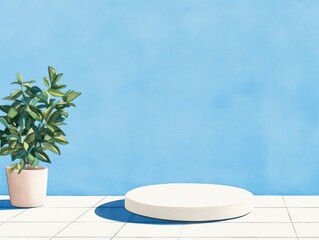 Poster - Minimalist interior design with a plant and a round pedestal on a light blue background in a modern setting