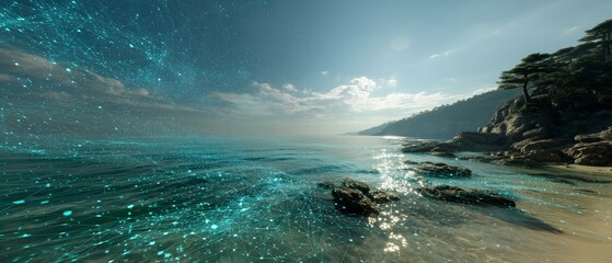 Poster - Ocean view enhanced by AI visual overlay, turquoise data streams, sunlight sparkles