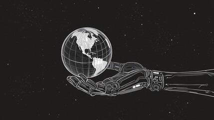 Poster - Robotic hand holding digital globe, vector outline style