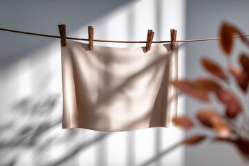 Poster - Clean beige fabric swatch, held by wooden clothespins on a line, bathed in sunlight, creating dynamic shadows, minimalist style, simple background with out of focus leaves.