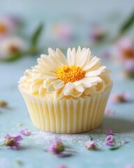 Poster - Close-up of a daisy cupcake, decorated with cream, in a studio setting, soft lighting and pastel colors, spring theme