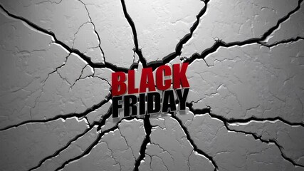 Poster - Black friday text breaking through cracked white surface, dramatic lighting highlighting bold lettering for impactful marketing visual with intense graphic design effect