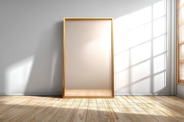 Poster - Elegant room interior with a gold framed mirror against a white wall, sunlight streaming through a window onto a wood floor, casting soft shadows and bright highlights.