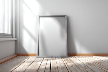 Poster - Blank silver frame mockup stands on a light wooden floor near a window with sunlight, creating a minimalist and serene interior space, perfect for displaying artwork or photos.