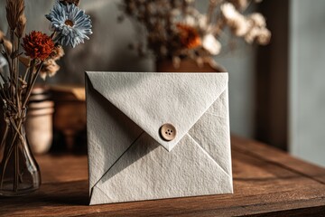 Poster - Elegant stationery: A textured paper envelope with a wooden button closure, displayed against a rustic wooden surface with flowers in background.