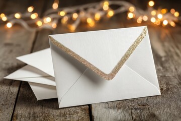Poster - Elegant white envelopes with golden glitter lining displayed on a rustic wooden table creating a warm, festive and inviting atmosphere with bokeh lights.
