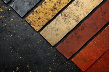 Poster - Decorative panel arrangement overhead shot showing black gold bronze and red color variations for design inspiration