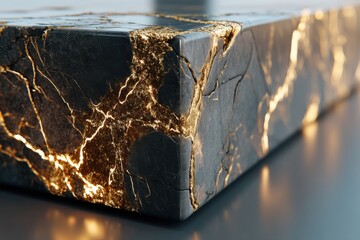 Poster - Close-up of a black stone block with golden veins, artistic and contemporary design showcasing unique texture and elegant contrast on reflective surface.