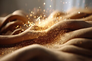 Poster - A mesmerizing display of golden sparkles cascading over a textured surface, creating an abstract and luxurious ambiance, evoking elegance and sophistication.
