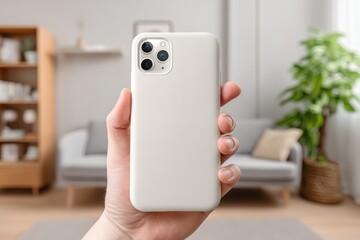 Poster - Hand holding a modern smartphone in a light beige case, showcasing the camera module and sleek design, blurred living room setting, comfortable indoor environment.