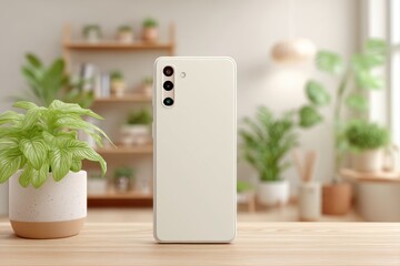 Poster - A minimalist studio scene with a smartphone standing vertically and a potted plant, creating a serene, modern and natural atmosphere in a blurred background.