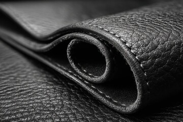 Poster - A close-up of a black leather wallet showcasing fine craftsmanship and texture, creating a luxurious feel and emphasizing quality with detailed stitching.