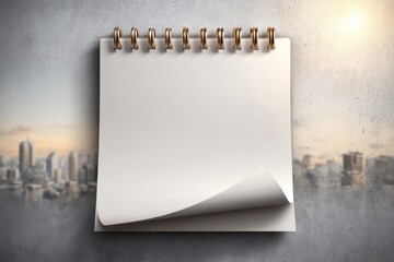 Poster - A blank notepad with a curl page on a gray wall overlooking a blurred city skyline, offering space for notes and urban reflections, mockup illustration.