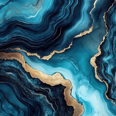 Poster - Abstract fluid art in shades of blue with gold accents overhead shot artistic rendering luxury design