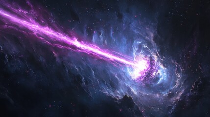 Wall Mural - Dramatic space scene of a purple energy beam shooting across a swirling galaxy with stars and nebula cosmic view