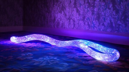 Poster - Glowing Light Sculpture on Patterned Carpet in Purple Room Interior Low Angle Still Life