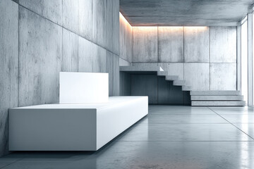 Poster - an abstract architectural interior featuring concrete walls and white block seating, providing a mod