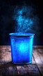 © Duskcraft - Blue Vapor Rising from Container on Wooden Surface Still Life Studio Shot Moody Lighting