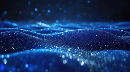 Poster - Abstract Blue Glitter Waves Shimmering with Light Particles in a Dreamlike Scene with a Low Angle View