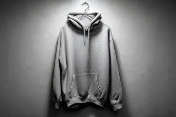 Poster - A gray hooded sweatshirt hanging on a metal hanger against a gray wall, studio shot, simple monochrome style with dramatic light and shadow, creating a minimalist aesthetic.