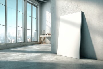 Poster - Bright and spacious loft apartment featuring a large window with city views and a blank canvas for creative design, inviting inspiration and modern aesthetics.