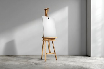Poster - Studio scene featuring a wooden easel with a blank canvas in a minimalist setup, bright light entering from the side, perfect for adding your artwork or design.