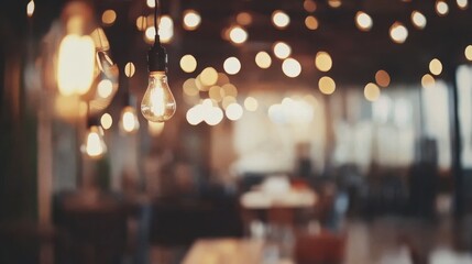Poster - Vintage Edison bulb glows warmly in a blurred cafe interior creating a cozy atmosphere for patrons and visitors alike