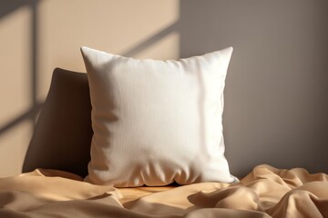 Poster - A square, light-beige pillow rests on a wooden surface draped with soft, tan fabric, casting subtle shadows against a light-colored wall, creating a calming, neutral composition.