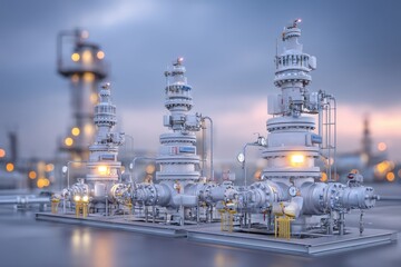 Poster - A detailed view of an industrial oil and gas processing unit with complex pipelines and valves, with a blurred cityscape and sunset backdrop, highlighting engineering.