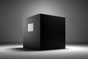 Poster - A minimalist product showcase with a black cube featuring a white square label, set against a gradient gray background, perfect for highlighting a product's design and shape.