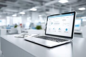 Poster - A modern workspace with a laptop displaying data analytics dashboard on a sleek desk, with blurred office environment, ideal for showcasing business productivity.