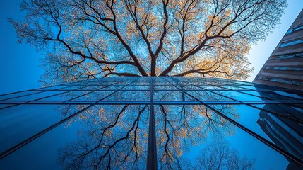Poster - Tree branches mirrored on corporate glass facade, ultra wide lens, soft shadows, blue sky backdrop  