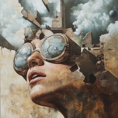 Poster - surreal painting of a woman with goggles, her face merging with a crumbling cityscape and sky.
