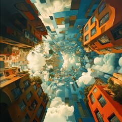 Poster - surreal cityscape with buildings twisting upwards into a cloudy sky.