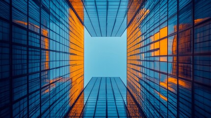 Aufkleber - Upward view of towering glass skyscrapers with geometric lines, sharp architectural contrast against clear blue sky 