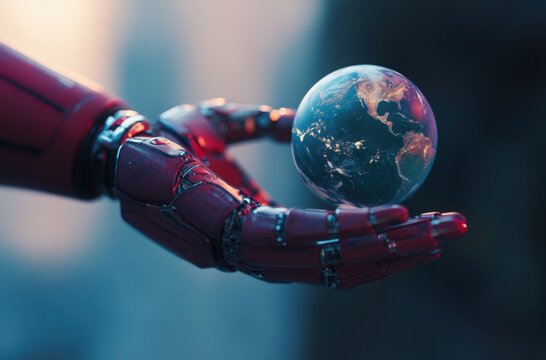 A softly blurred humanoid robot presenting a vivid, miniature Earth in its palms