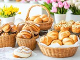 Freshly Baked Bread Rolls and Cupcakes Displayed in Wicker Baskets on Marble Tabletop with Floral Background