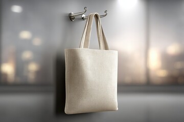 Poster - A minimalistic shot of a beige tote bag hanging on a metal hook against a blurred background with a city lights bokeh effect creating a modern, sophisticated aesthetic.