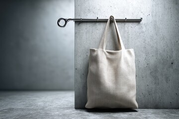 Poster - Elegant, minimalist shot of a plain white tote bag hanging on a metal rack against a textured concrete wall, conveying simplicity, utility, and modern style for design projects.